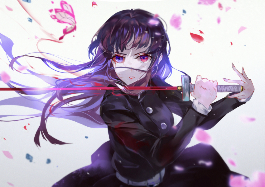 1girl bangs belt black_hair black_jacket black_skirt blue_eyes bug butterfly colored_sclera floating_hair heterochromia highres holding holding_sword holding_weapon insect jacket katana kimetsu_no_yaiba long_hair long_sleeves looking_at_viewer parted_lips petals pink_eyes red_sclera school_uniform skirt solo sword tsuyuri_kanao vardan weapon white_belt