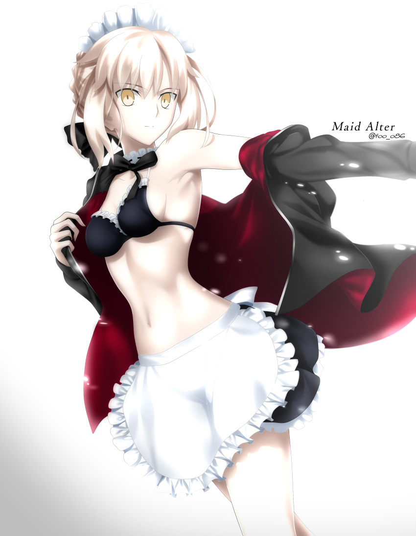 1girl absurdres apron artoria_pendragon_(all) artoria_pendragon_(alter_swimsuit_rider)_(fate) bangs black_bow black_bra black_jacket black_skirt bow bra braid breasts choker eyebrows_visible_through_hair fate/grand_order fate_(series) foo_(pixiv54892036) frilled_apron frilled_bra frilled_skirt frills frown hair_between_eyes hair_bow highres jacket long_sleeves maid_headdress medium_hair midriff miniskirt navel open_clothes open_jacket sideboob silver_hair simple_background skirt small_breasts solo standing stomach twitter_username underwear waist_apron white_apron white_background white_choker yellow_eyes