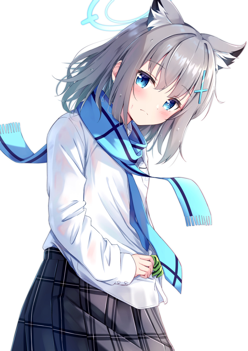 1girl absurdres animal_ear_fluff animal_ears bangs blue_archive blue_eyes blue_neckwear blue_scarf blush closed_mouth commentary_request eyebrows_visible_through_hair fringe_trim gloves green_gloves grey_hair grey_skirt hair_between_eyes halo highres long_sleeves looking_at_viewer miso_(misomiso_154) necktie plaid plaid_skirt pleated_skirt scarf shiroko_(blue_archive) shirt simple_background skirt sleeves_past_wrists solo wet wet_clothes wet_hair wet_shirt white_background white_shirt