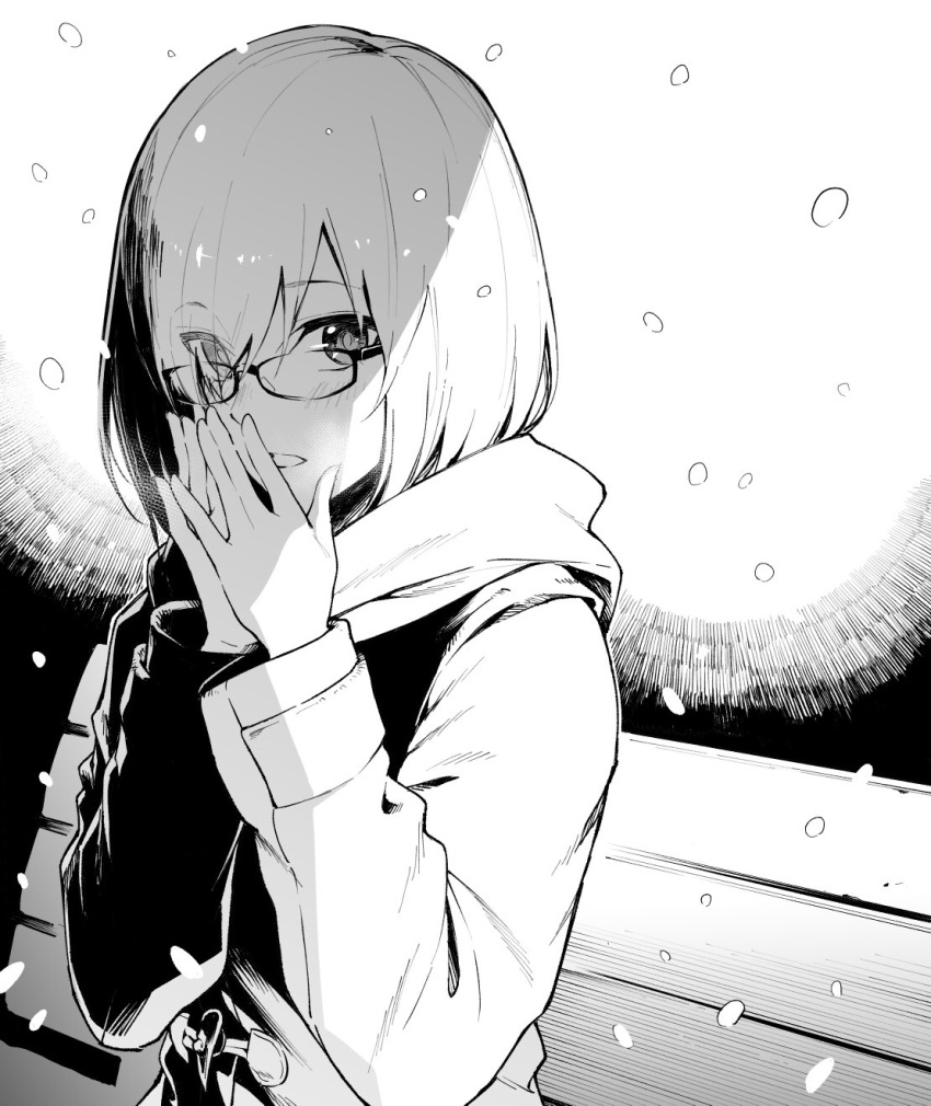 1girl bench blush breath coat eyebrows_visible_through_hair eyes_visible_through_hair fate/grand_order fate_(series) fumi_fumi_(7837224) glasses greyscale hair_over_one_eye hands_together highres light long_sleeves looking_at_viewer mash_kyrielight monochrome on_bench open_mouth outdoors park_bench parted_lips scarf shadow short_hair sitting sitting_on_bench snow snowing solo winter winter_clothes winter_coat