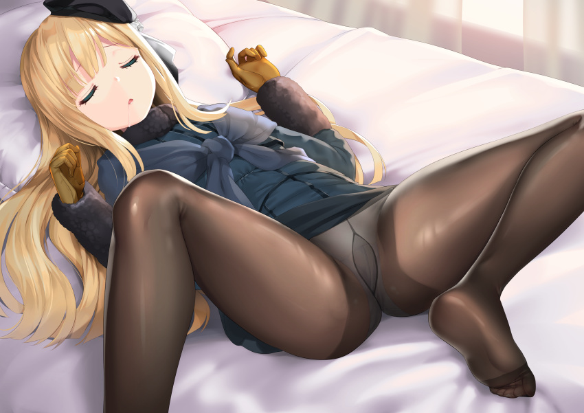1girl absurdres bangs beret black_legwear blonde_hair blush breasts brown_gloves drooling fate/grand_order fate_(series) feet gloves green_eyes gusset hat highres indoors jacket legs long_hair lying mvv no_shoes on_back on_bed open_mouth panties panties_under_pantyhose pantyhose photoshop_(medium) pillow reines_el-melloi_archisorte revision soles solo spread_legs straight_hair tongue tongue_out torn_clothes torn_legwear underwear white_panties