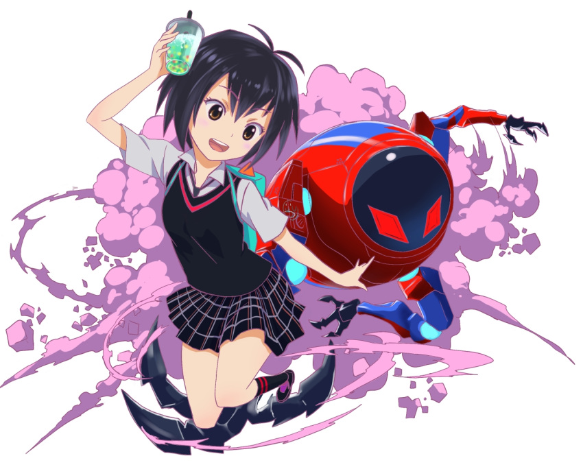 1girl antenna_hair backpack bag bangs black_hair black_neckwear black_skirt black_sweater_vest bob_cut brown_eyes bubble_tea colored_smoke cup disposable_cup dress_shirt drinking_straw foreshortening hair_between_eyes hand_to_head jumping light_blush looking_to_the_side marvel mecha necktie open_mouth outstretched_arm peni_parker peroringa plaid plaid_skirt pleated_skirt shirt short_hair short_sleeves skirt smile smoke solo sp//dr spider-man spider-man:_into_the_spider-verse spider-man_(series) upper_teeth white_shirt