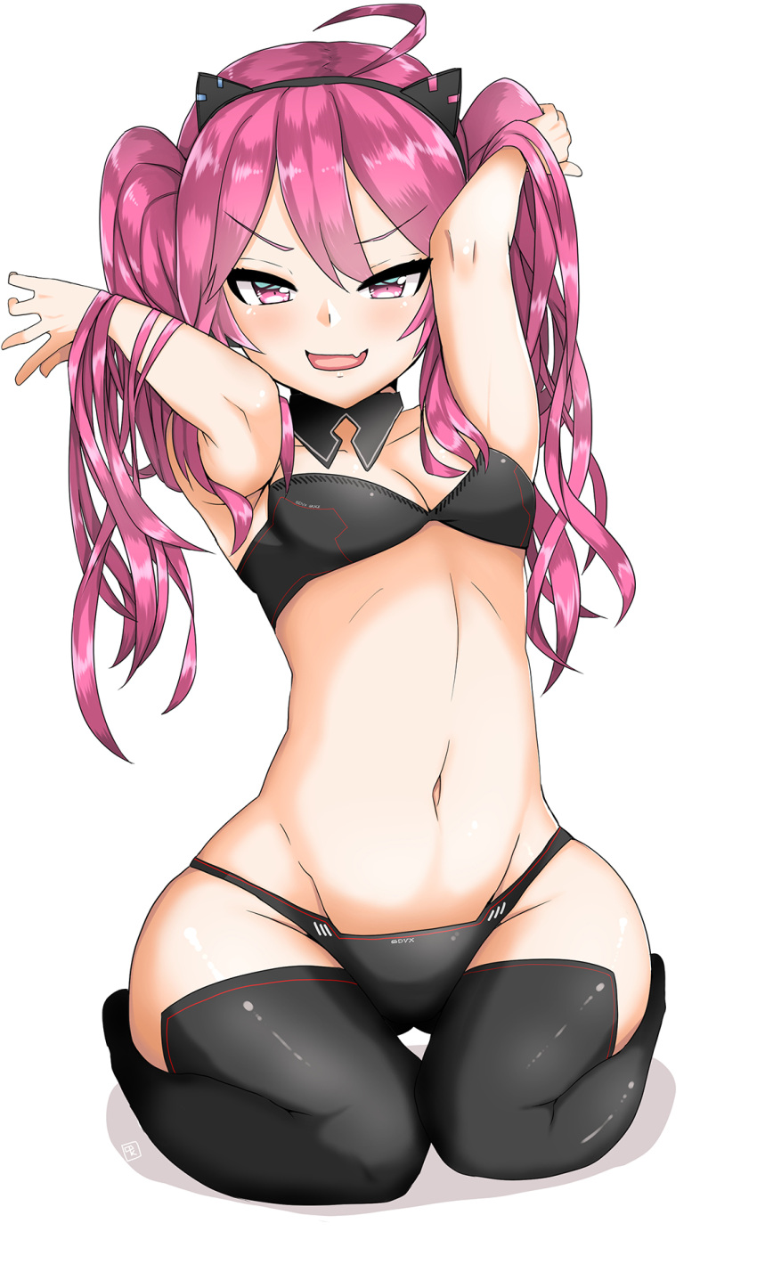 1girl black_bra black_collar black_headphones black_legwear black_panties bra capoki cat_ear_headphones collar grace_(sound_voltex) headphones highres panties pink_eyes pink_hair sound_voltex strapless strapless_bra thigh-highs underwear