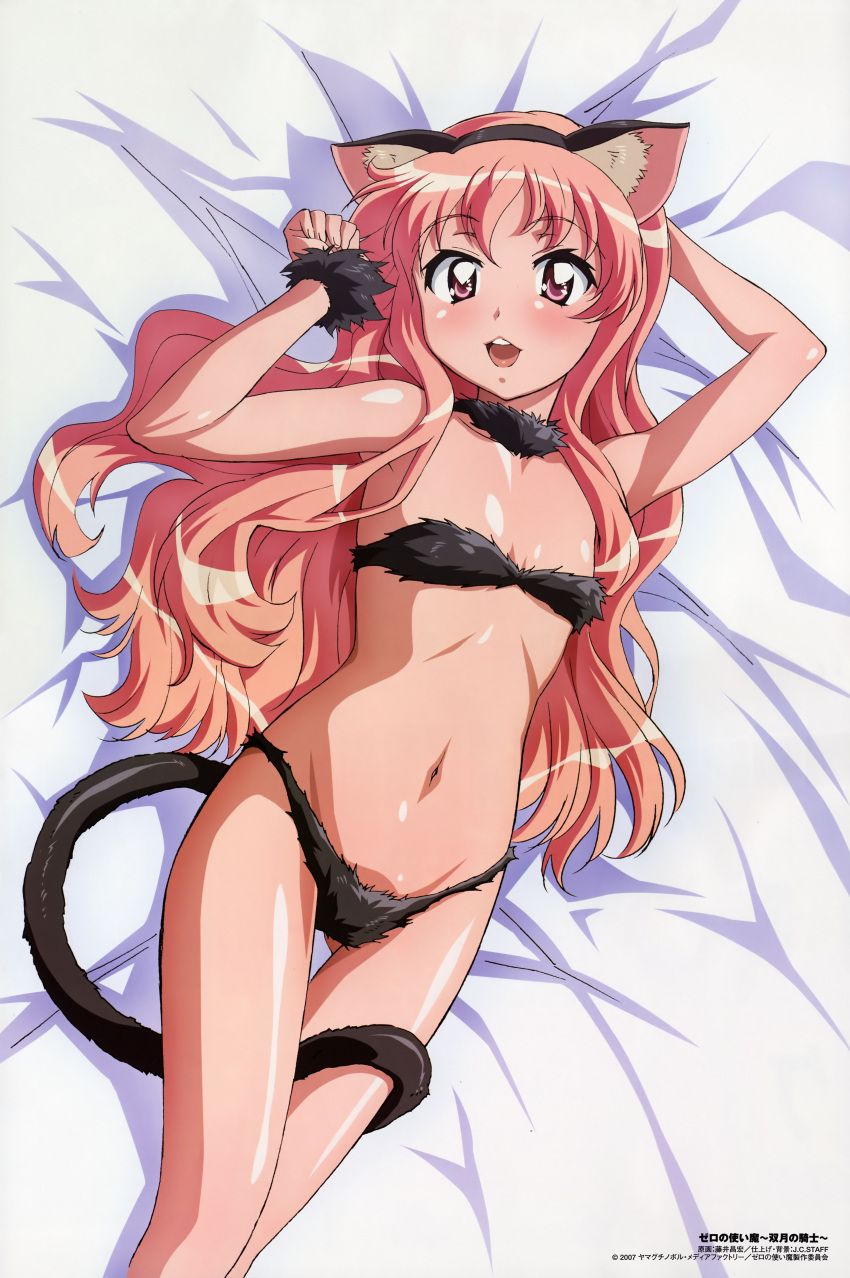 1girl absurdres animal_ears bra cat_ears cat_lingerie cat_tail comp_h's company_name copyright_name flat_chest fujii_masahiro highres long_hair louise_francoise_le_blanc_de_la_valliere magazine_scan meme_attire official_art panties scan solo tail underwear underwear_only zero_no_tsukaima