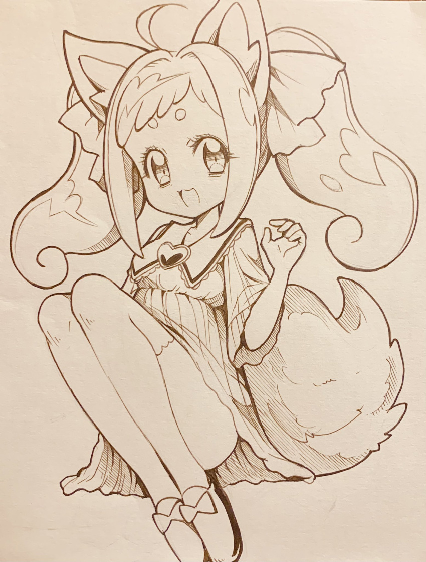 1girl ahoge animal_ears commentary_request delicious_party_precure highres kome-kome_(precure) kome-kome_(precure)_(human) legs looking_at_viewer magical_girl medium_hair mitsuba-sama_(milkba-ng) monochrome open_mouth precure shoes sidelocks solo tail traditional_media twintails