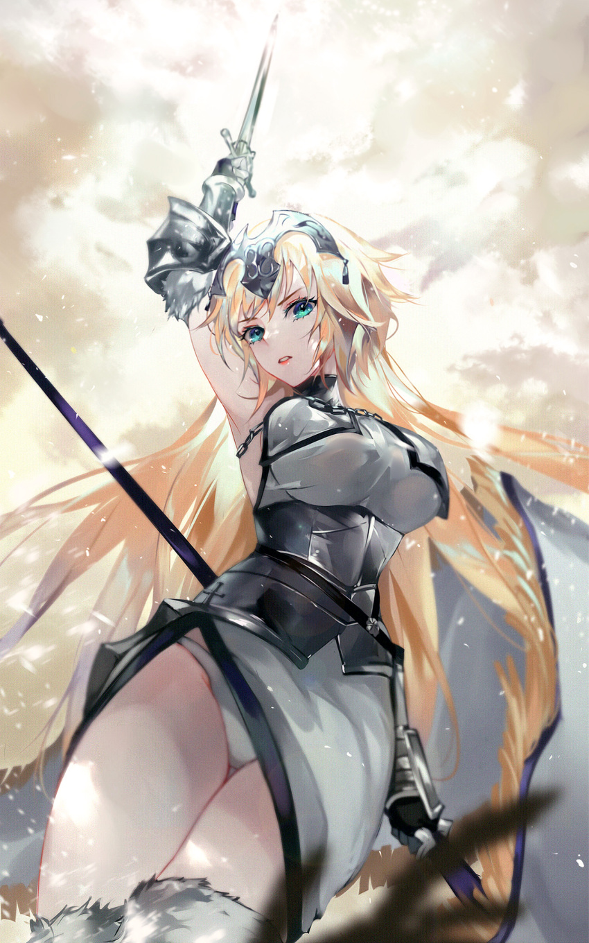 1girl absurdres armor bangs blonde_hair breasts chain eyebrows_visible_through_hair fate/grand_order fate_(series) fur_trim gauntlets green_eyes headpiece highres holding holding_sword holding_weapon jeanne_d'arc_(fate)_(all) large_breasts long_hair looking_at_viewer panties parted_lips skirt solo standing sword thigh-highs underwear vardan very_long_hair weapon white_panties