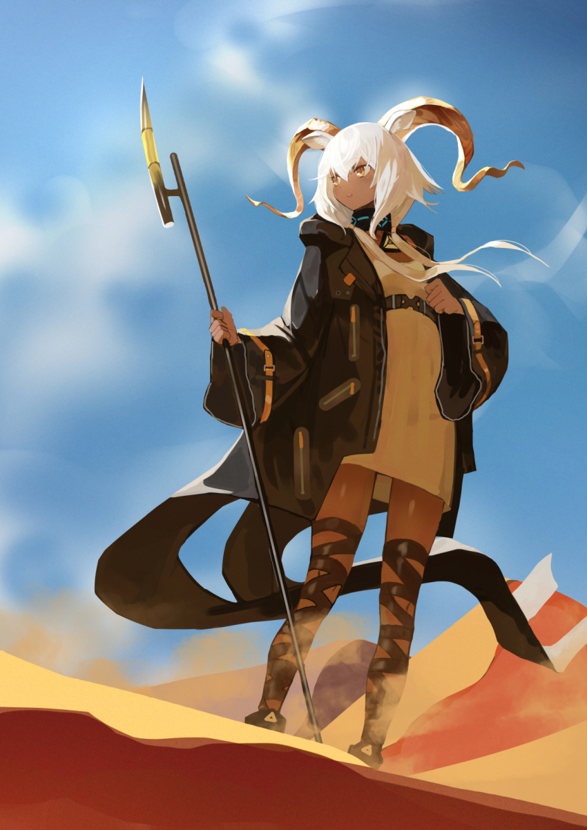 1girl animal_ears arknights beeswax_(arknights) black_coat black_footwear blue_sky blush breasts coat commentary dark_skin dark-skinned_female day desert dress full_body goat_ears goat_horns hair_between_eyes highres holding holding_staff horns infection_monitor_(arknights) leg_wrap long_hair mannouyakunta open_clothes open_coat open_mouth orange_eyes outdoors shade sky small_breasts solo staff standing sunlight twintails white_dress white_hair wide_sleeves wind