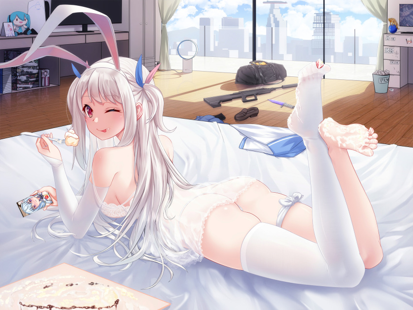1girl bare_arms bare_shoulders barefoot cake cang_se_ye_hua changchun_(warship_girls_r) dress elbow_gloves feet feet_up food gloves gun highres long_hair looking_at_viewer looking_back no_shoes one_eye_closed panties red_eyes silver_hair single_thighhigh soles thigh-highs thigh_strap toes underwear warship_girls_r weapon white_dress white_headwear white_legwear white_panties