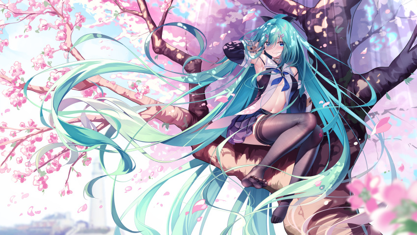 1girl absurdly_long_hair aqua_hair armpits bare_shoulders black_legwear blue_eyes blush breasts cherry_blossoms closed_mouth commentary detached_sleeves eyebrows_visible_through_hair full_body hair_ornament hair_ribbon hairclip hand_in_hair hatsune_miku highres in_tree kantai_collection long_hair long_sleeves meion navel outdoors petals pleated_skirt power_symbol purple_skirt ribbon sitting sitting_in_tree skirt small_breasts smile solo thigh-highs tree very_long_hair vocaloid yamakaze_(kancolle)