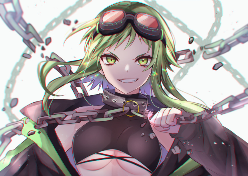 1girl absurdres bare_shoulders black_jacket black_shirt breaking breasts broken broken_chain canary999 chain collar commentary_request crop_top goggles goggles_on_head grabbing green_eyes green_hair grin gumi hand_up highres jacket large_breasts medium_breasts medium_hair off_shoulder open_clothes open_jacket ripping shirt sidelocks sleeveless sleeveless_shirt smile solo spiked_collar spikes two-tone_jacket under_boob upper_body vocaloid