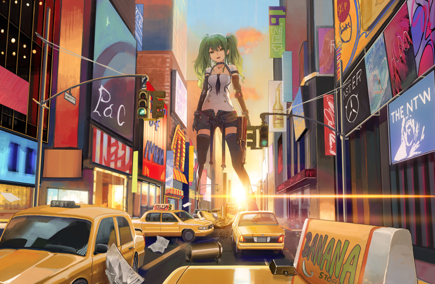1girl absurdres bangs black_choker black_legwear black_shorts building calico_m950 car choker city clouds evening eyebrows_visible_through_hair giant giantess girls_frontline gradient_sky green_hair ground_vehicle gun highres holding holding_gun holding_weapon huge_filesize jewelry long_hair m950a_(girls_frontline) messy_hair motor_vehicle necklace nighttsound open_fly open_mouth orange_sky road short_shorts shorts sky smile solo standing street submachine_gun sunset taxi thigh-highs traffic_light unzipped weapon yellow_eyes
