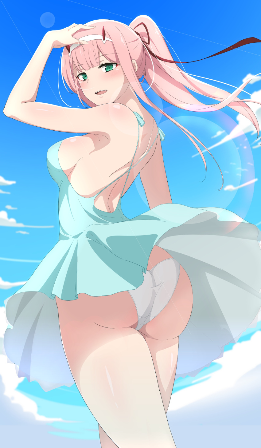 1girl absurdres ass bangs blue_dress blue_sky blush breasts clouds commentary_request darling_in_the_franxx day dress dress_lift eyebrows_visible_through_hair fangs from_behind green_eyes hair_ribbon hairband hand_on_own_head highres horns lens_flare lizta long_hair looking_at_viewer looking_back medium_breasts oni_horns open_mouth outdoors panties pink_hair ponytail red_horns red_ribbon ribbon sideboob sky solo standing underwear white_hairband white_panties wind wind_lift zero_two_(darling_in_the_franxx)