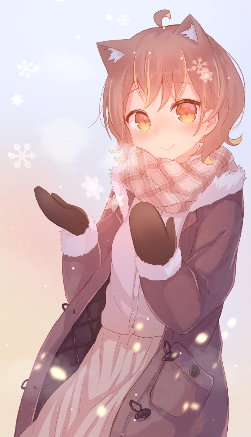 1girl absurdres ahoge animal_ear_fluff animal_ears annin_miru annin_miru_channel bangs black_mittens blush breasts brown_coat brown_eyes brown_hair brown_scarf brown_skirt closed_mouth coat commentary_request eyebrows_visible_through_hair fur-trimmed_sleeves fur_trim hands_up highres long_sleeves maka_neko mittens open_clothes open_coat pleated_skirt scarf shirt skirt small_breasts smile snowflakes solo virtual_youtuber white_shirt