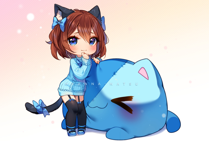&gt;_&lt; 1girl animal_ear_fluff animal_ears aran_sweater artist_name bangs black_legwear blue_bow blue_eyes blue_footwear blue_sweater blush bow brown_hair cat_ears cat_girl cat_tail chibi closed_mouth commentary commission english_commentary eyebrows_visible_through_hair garter_straps hair_between_eyes hair_bow hyanna-natsu long_sleeves looking_at_viewer original ribbed_sweater shoes sleeves_past_wrists smile solo stuffed_animal stuffed_cat stuffed_toy sweater tail tail_bow tail_ornament thigh-highs two_side_up watermark