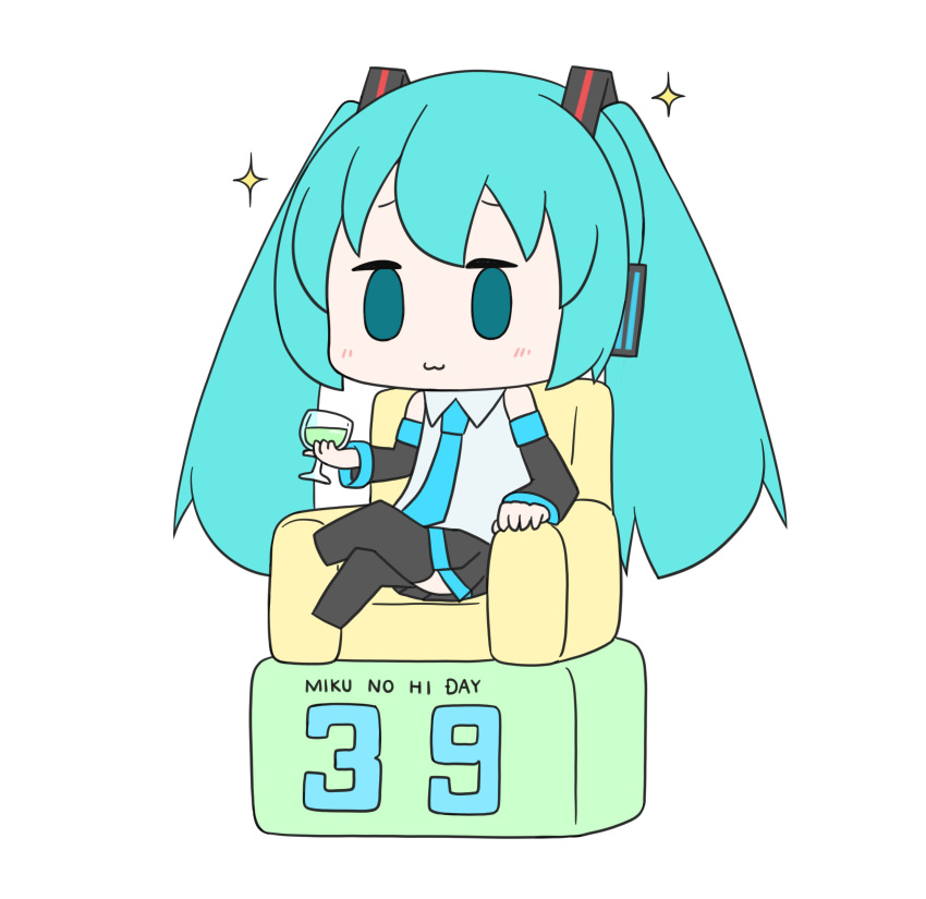 1girl 39 :3 absurdres aqua_eyes aqua_hair aqua_neckwear bare_shoulders black_legwear black_sleeves character_name chibi commentary couch crossed_legs cup detached_sleeves drinking_glass furrowed_eyebrows grey_shirt hair_ornament hatsune_miku headphones highres light_blush long_hair necktie romaji_text shirt sitting skirt sleeveless sleeveless_shirt smug solid_oval_eyes solo sparkle thigh-highs twintails very_long_hair vocaloid white_background wine_glass yuta1147