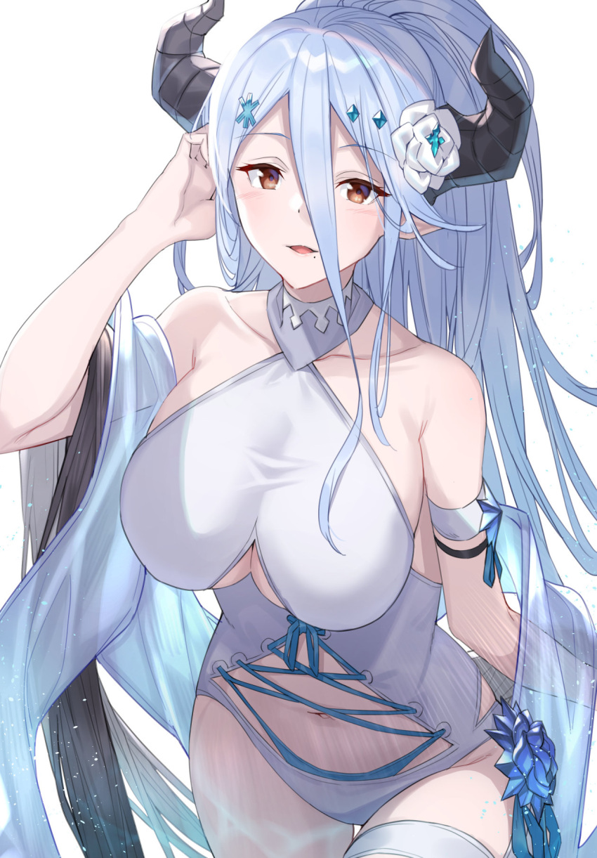 1girl bangs bare_shoulders blush breasts clothing_cutout collarbone draph flower granblue_fantasy hair_between_eyes hair_flower hair_ornament highres horns izmir large_breasts long_hair looking_at_viewer navel navel_cutout one-piece_swimsuit open_mouth pointy_ears ponytail raitho104 red_eyes sash silver_hair smile swimsuit thighs very_long_hair white_swimsuit
