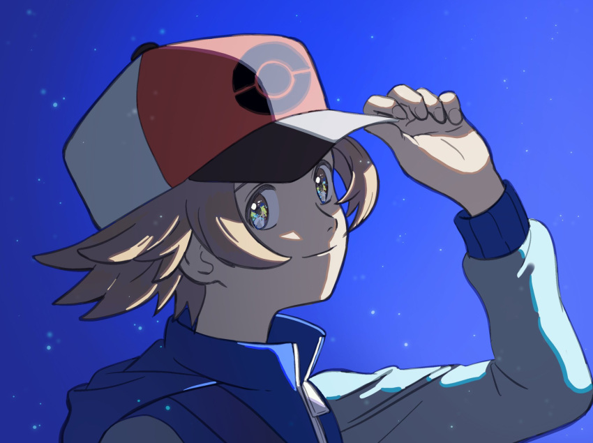 1boy aoaomzir baseball_cap blue_background blue_jacket brown_hair closed_mouth commentary_request fingernails grey_eyes hand_on_headwear hat highres hilbert_(pokemon) jacket long_sleeves looking_at_viewer male_focus pokemon pokemon_(game) pokemon_bw smile solo upper_body zipper_pull_tab