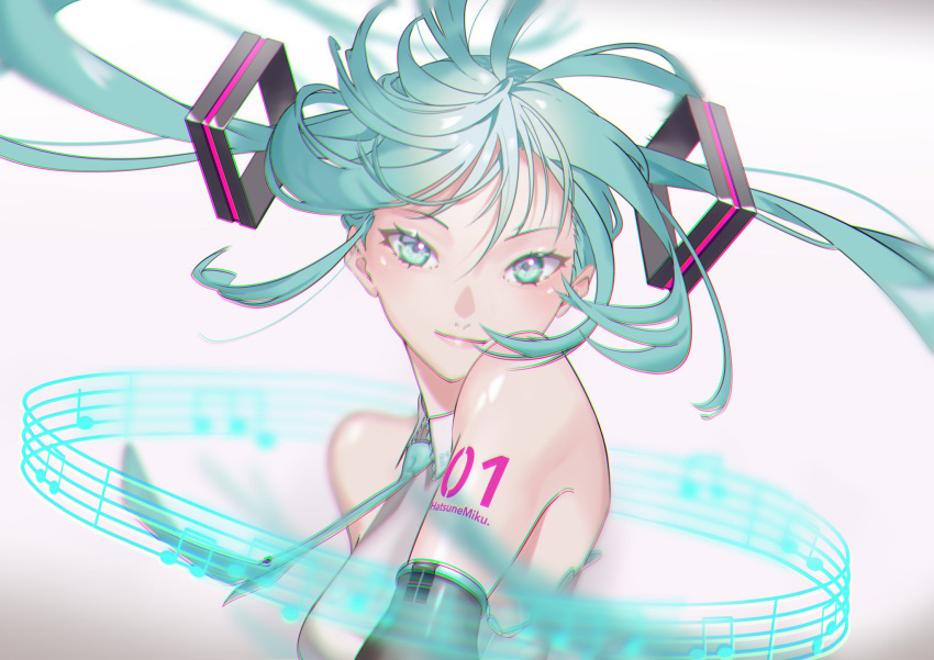 1girl aqua_eyes aqua_hair aqua_neckwear arms_at_sides bare_shoulders beamed_eighth_notes blurry character_name closed_mouth collared_shirt commentary depth_of_field floating_hair hatsune_miku highres light_blush light_smile long_hair looking_at_viewer messy_hair musical_note necktie nisui number number_tattoo quarter_note shiny shiny_skin shirt shoulder_tattoo sleeveless sleeveless_shirt solo staff_(music) tattoo tsurime twintails vocaloid white_shirt