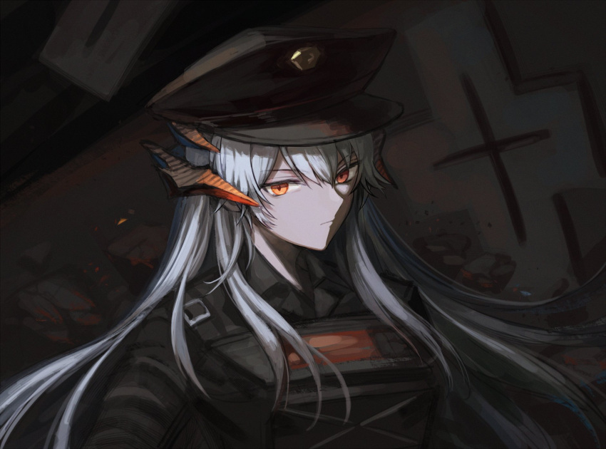 arknights dark dragon_girl dragon_horns hat highres horns long_hair looking_at_viewer military military_hat military_uniform orange_eyes saria_(arknights) saria_(iron_law)_(arknights) serious spacelongcat uniform white_hair