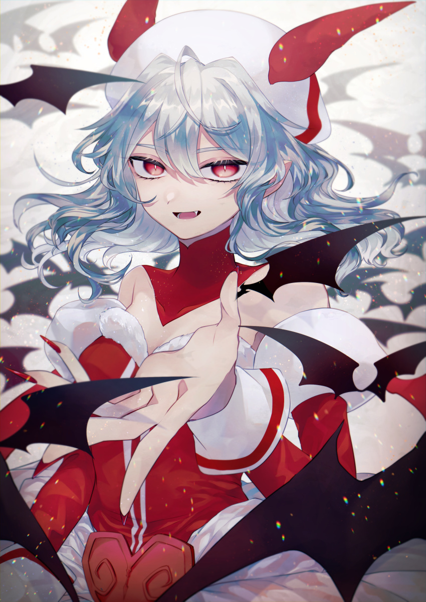 1girl absurdres bare_shoulders bat beret blue_hair blurry blurry_background bright_pupils collarbone commentary_request detached_sleeves dress floating_hair foreshortening fur_trim hair_between_eyes hat highres katai_(nekoneko0720) long_hair looking_at_viewer open_mouth red_dress red_eyes remilia_scarlet simple_background slit_pupils smile solo strange_creators_of_outer_world touhou upper_body white_background white_headwear white_pupils