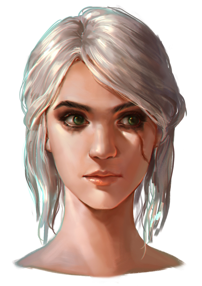 1girl absurdres ciri eyebrows eyelashes eyeliner green_eyes hair_bun highres jess_(jess4400) lips makeup nose portrait realistic scar scar_on_cheek scar_on_face scared silver_hair solo_focus the_witcher the_witcher_3 tied_hair