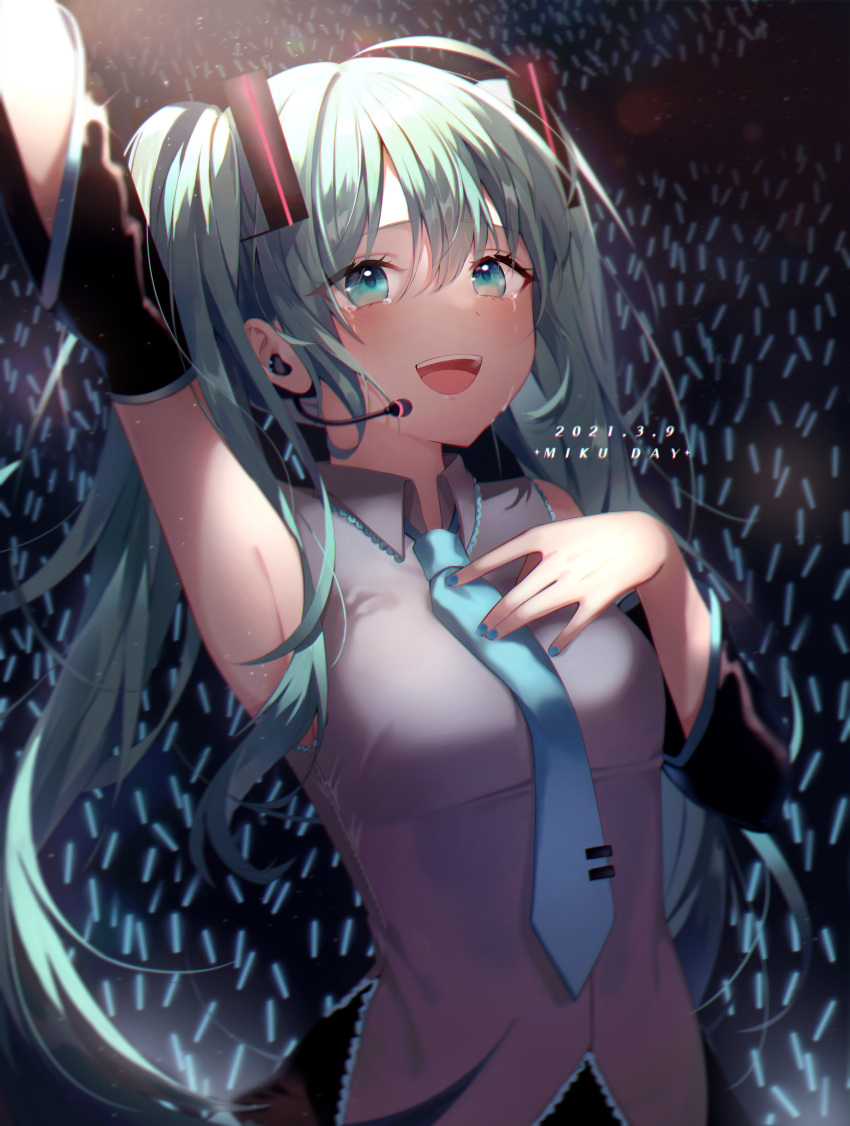 1girl 39 absurdres aqua_eyes aqua_hair arm_up armpits audience bangs black_sleeves blue_neckwear blush breasts collared_shirt commentary crying crying_with_eyes_open dated detached_sleeves earpiece eyebrows_visible_through_hair glowstick grey_shirt hair_between_eyes hand_on_own_chest hatsune_miku highres huge_filesize knowa long_hair long_sleeves microphone necktie open_mouth shirt small_breasts smile solo tears twintails upper_body vocaloid