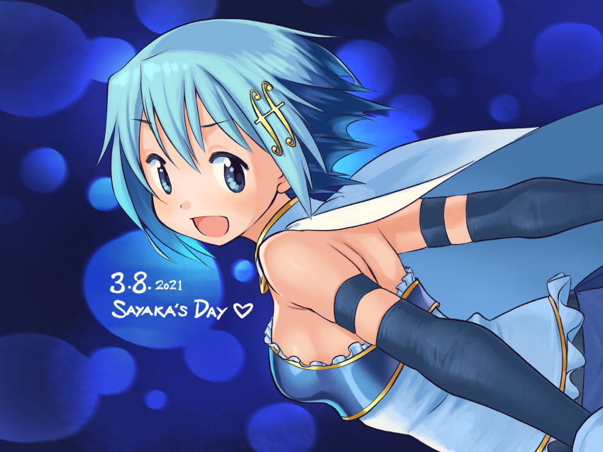 1girl 2021 :d armpit_crease arms_at_sides bare_shoulders blue_background blue_eyes blue_hair blue_theme breasts cape character_name commentary dated detached_sleeves dot_nose english_commentary english_text eyebrows_visible_through_hair facing_viewer floating_hair fortissimo fortissimo_hair_ornament frills gloamy hair_ornament hairclip heart highres looking_afar looking_back mahou_shoujo_madoka_magica miki_sayaka open_mouth polka_dot polka_dot_background shiny shiny_hair shiny_skin short_hair shoulder_blades sideboob simple_background small_breasts smile solo strapless tareme upper_body v-shaped_eyebrows white_cape