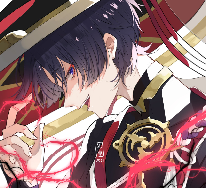 1boy alvarichie armor bangs black_hair blue_eyes dated eyebrows_visible_through_hair from_side genshin_impact hat highres ichimegasa japanese_armor kote long_sleeves male_focus open_mouth profile scaramouche signature simple_background solo upper_body white_background