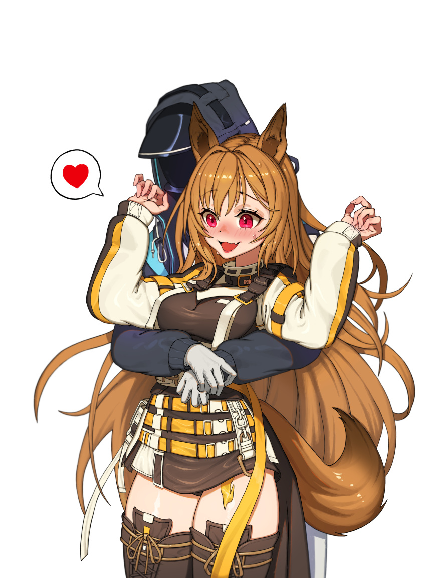 1girl 1other absurdres animal_ears arknights belt belt_pouch black_coat black_footwear black_legwear black_panties blush boots breast_hold breasts brown_dress brown_hair ceobe_(arknights) coat commentary covered_face cowboy_shot cropped_jacket cross-laced_clothes cross-laced_legwear doctor_(arknights) dog_ears dog_tail dress embarrassed english_commentary eyebrows_visible_through_hair fang gloves hair_between_eyes heart hellk111 highres hood hood_up hooded_coat hug hug_from_behind jacket lips long_hair long_sleeves medium_breasts mixed-language_commentary multiple_belts open_clothes open_jacket open_mouth oripathy_lesion_(arknights) panties panty_peek pink_eyes pouch short_dress simple_background skin_fang spoken_heart strap surprised sweat sweatdrop tail thigh-highs thigh_boots thighs underwear very_long_hair white_background white_gloves white_jacket