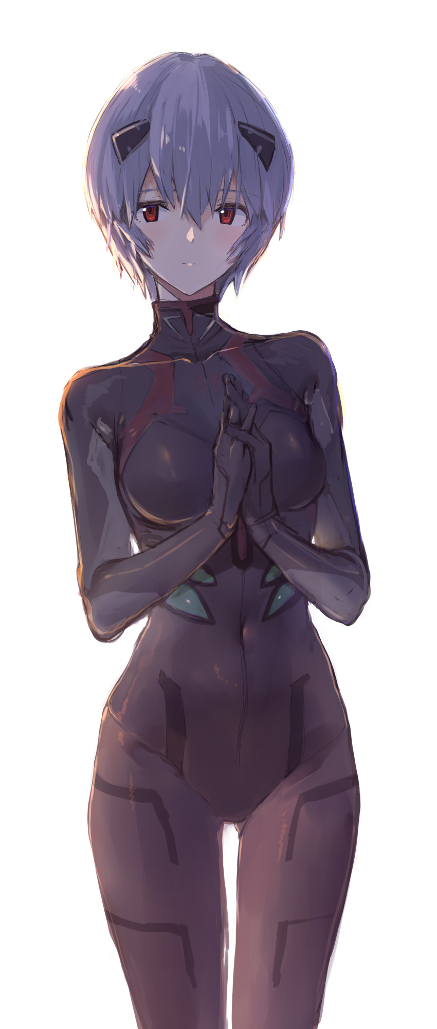 1girl absurdres akasaai ayanami_rei blue_hair bodysuit breasts closed_mouth highres looking_at_viewer medium_breasts neon_genesis_evangelion own_hands_together plugsuit red_eyes short_hair simple_background solo standing thigh_gap white_background