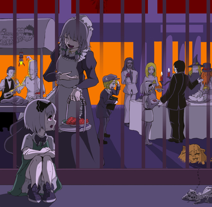 4girls 6+boys ^^^ alice_margatroid androgynous ant asatsuki_(cookie) atouda_ako_(character) bald bangs barefoot basket black_bow black_dress black_hairband black_headwear black_jacket black_neckwear black_pants black_ribbon black_vest blonde_hair blouse bow braid bug cabbie_hat candle chef_hat chef_uniform closed_eyes closed_mouth collared_blouse commentary_request cookie_(touhou) double-breasted dress eating eska_(cookie) extra_arms eyebrows_visible_through_hair fence fidget_spinner fire flower fork formal full_body genpatsu_(cookie) green_bow green_skirt green_vest grey_hair hair_between_eyes hairband hat hazuna_rio highres hisaka_(cookie) holding holding_basket holding_plate ichigo_(cookie) insect izayoi_sakuya jacket jyu_(cookie) kansai_claimer_(inmu) kirisame_marisa konpaku_youmu lazy_eye long_hair looking_at_another looking_back looking_to_the_side maid manatsu_no_yo_no_inmu medium_hair miura_meat multiple_boys multiple_girls nakano_(inmu) necktie night open_mouth orange_hair outdoors pants plate red_flower rei_(cookie) remilia_scarlet ribbon rose sarashi short_hair sitting skirt sleeveless sleeveless_dress smile standing suit table tongs touhou tsuno_(nicoseiga11206720) twin_braids very_short_hair vest violet_eyes white_blouse white_jacket white_sleeves witch_hat yellow_eyes
