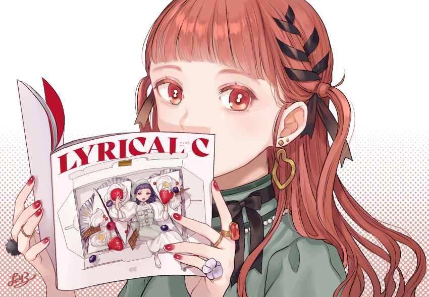 1girl bangs black_ribbon blunt_bangs book cherico commentary_request cover cover_page covered_mouth earrings hair_ribbon highres jewelry long_hair looking_at_viewer nail_polish open_book orange_hair original red_eyes red_nails ribbon ring solo upper_body