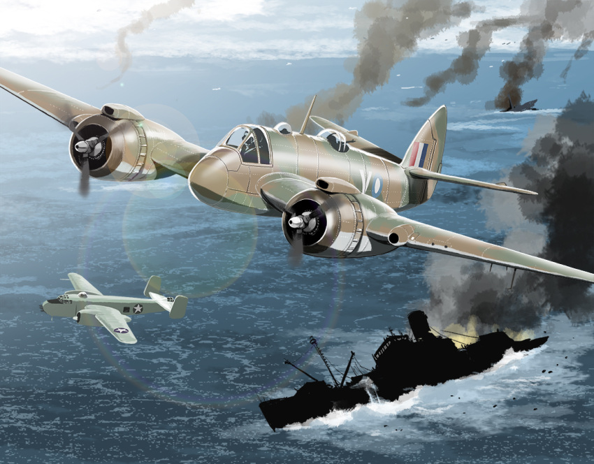 aircraft airplane b-25_mitchell beaufighter_(airplane) bomber fire flying gun machine_gun matsuda_juukou military military_vehicle original pilot propeller ship sink sky smoke warship watercraft weapon world_war_ii