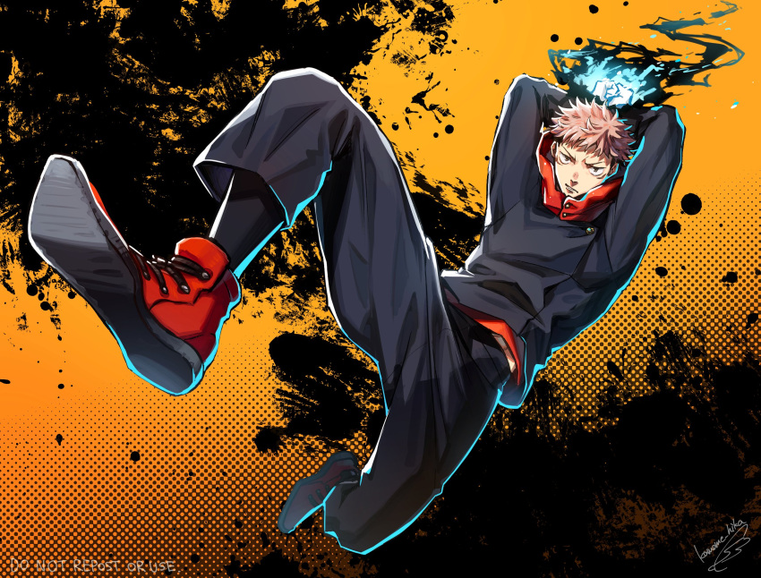 1boy arms_up aura black_eyes black_jacket black_pants facial_mark frown full_body gakuran highres hood hood_down hoodie itadori_yuuji jacket jujutsu_kaisen long_sleeves looking_at_viewer magic male_focus orange_background pants pink_hair red_footwear red_hoodie repost_notice school_uniform shibuki_kamone shoes short_hair solo spiky_hair