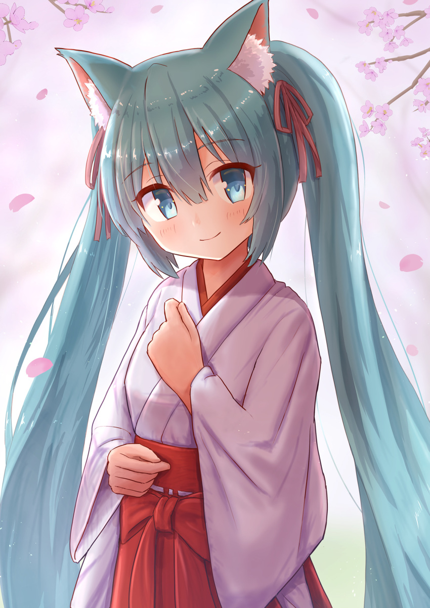 1girl animal_ear_fluff animal_ears bangs blue_eyes blush bow closed_mouth commentary_request eyebrows_visible_through_hair flower hair_between_eyes hair_ribbon hakama hand_up hatsune_miku head_tilt highres iroha_(iroha_matsurika) japanese_clothes kemonomimi_mode kimono long_hair long_sleeves miko petals pink_flower red_bow red_hakama red_ribbon ribbon smile solo tree_branch twintails very_long_hair vocaloid white_kimono wide_sleeves