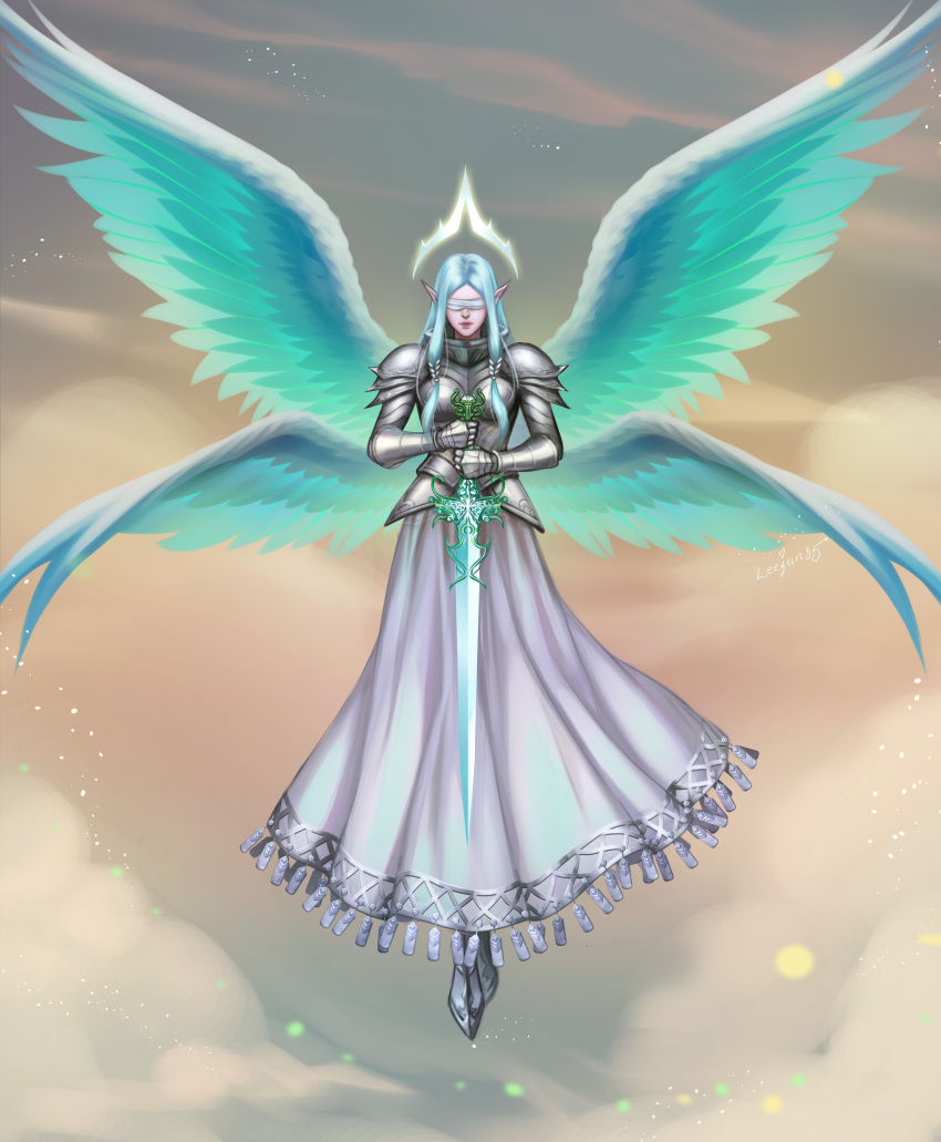1girl absurdres angel angel_wings armor armored_dress bangs blindfold clouds dungeons_and_dragons greaves halo highres holding holding_sword holding_weapon huge_filesize leejun35 long_hair pointy_ears silver_hair skirt solo sword weapon wings zariel