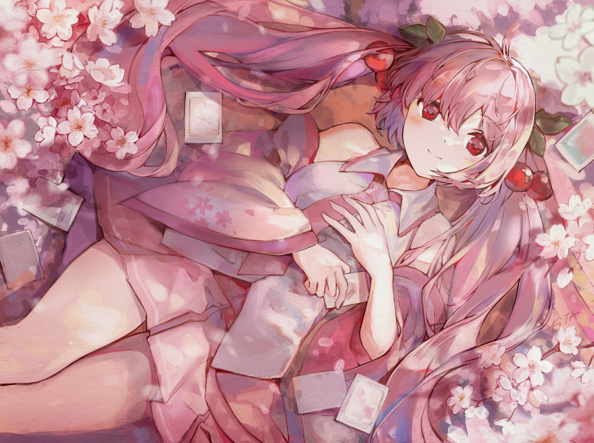 1girl artist_name bangs bare_shoulders cherry_blossoms cherry_hair_ornament closed_mouth collared_shirt detached_sleeves dot_nose elise_(piclic) flower food_themed_hair_ornament hair_ornament hatsune_miku highres holding holding_photo long_hair long_sleeves looking_up lying miniskirt necktie on_back photo_(object) pink_flower pink_hair pink_neckwear pink_skirt pink_theme pleated_skirt red_eyes sakura_miku shirt skirt sleeveless sleeveless_shirt smile solo twintails very_long_hair vocaloid wide_sleeves