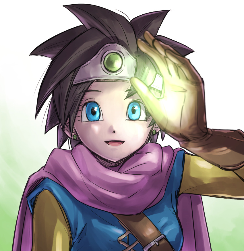 1girl black_hair blue_eyes cape chinyan circlet dragon_quest dragon_quest_iii earrings gloves hand_up highres jewelry looking_at_viewer open_mouth roto sketch smile solo spiky_hair upper_body