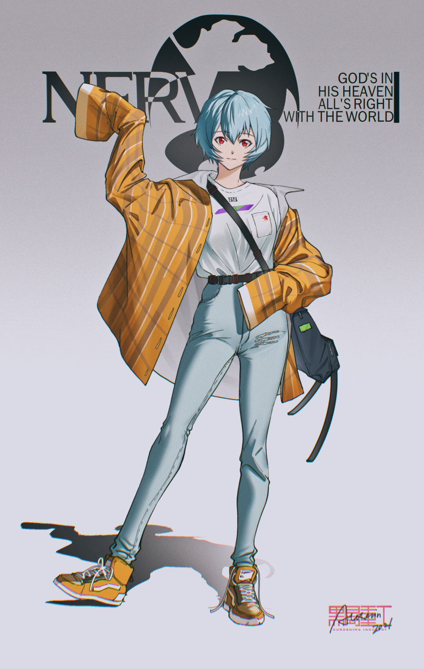 1girl absurdres alenx_kevin ayanami_rei bangs blue_hair casual closed_mouth coat full_body grey_background grey_pants hair_between_eyes highres looking_at_viewer neon_genesis_evangelion open_clothes open_coat pants red_eyes shiny shiny_hair shirt shoes short_hair sleeves_past_fingers sleeves_past_wrists smile sneakers solo standing vertical-striped_coat white_shirt yellow_footwear