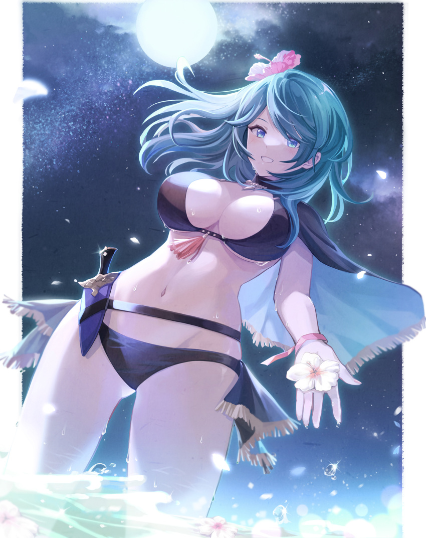 1girl 23@5 bangs bikini black_bikini blue_eyes blue_hair breasts byleth_(fire_emblem) byleth_eisner_(female) capelet commentary_request cowboy_shot fire_emblem fire_emblem:_three_houses fire_emblem_heroes flower grin groin hair_flower hair_ornament highres holding holding_flower large_breasts long_hair looking_at_viewer navel smile solo standing stomach swimsuit thighs white_flower