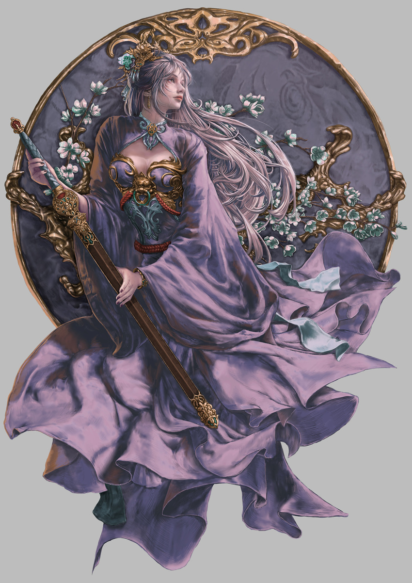 1girl dress gem gold_trim hair_ornament highres holding holding_sword holding_weapon long_dress long_hair long_sleeves looking_to_the_side original pale_skin photoshop_(medium) silver_hair sunday-zjy sword very_long_hair wavy_hair weapon