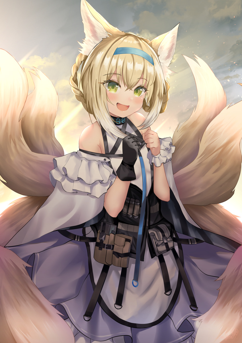 1girl :d absurdres animal_ears arknights bangs bare_shoulders black_gloves blonde_hair blue_hairband blush braid clenched_hands clouds commentary_request day dress eyebrows_visible_through_hair fox_ears fox_girl fox_tail gloves gradient_hair green_eyes hair_between_eyes hair_rings hairband hands_up head_tilt highres kitsune looking_at_viewer multicolored_hair multiple_tails open_mouth pouch purple_dress seabread shiny shiny_hair short_hair signature single_glove single_wrist_cuff smile solo standing sunlight suzuran_(arknights) tail white_hair