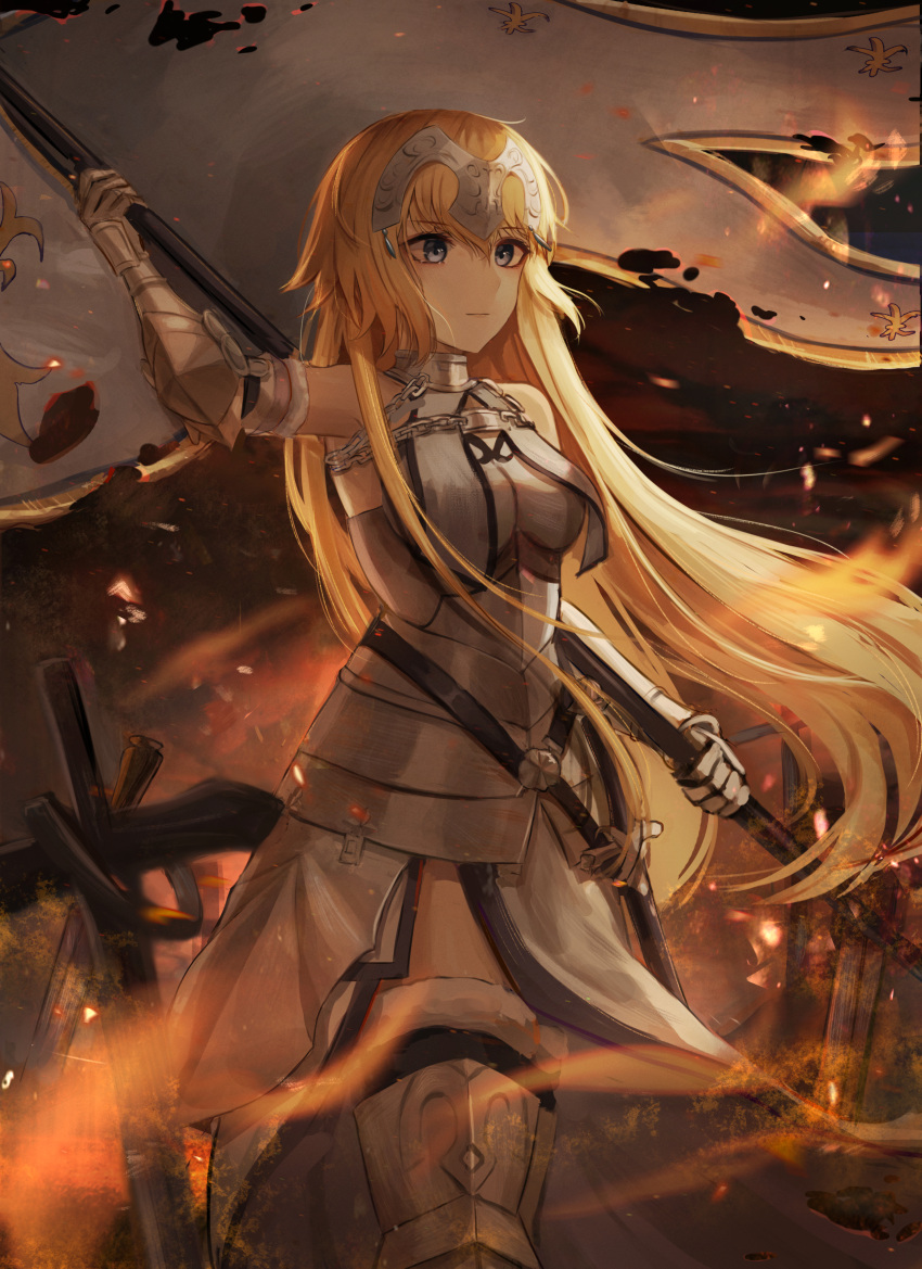 1girl absurdres armor armored_dress battlefield blonde_hair blue_eyes dress fate/apocrypha fate/grand_order fate_(series) flag headpiece highres holding holding_flag huge_filesize jeanne_d'arc_(fate) jeanne_d'arc_(fate)_(all) kyo_(maae00) long_hair solo standing tears very_long_hair