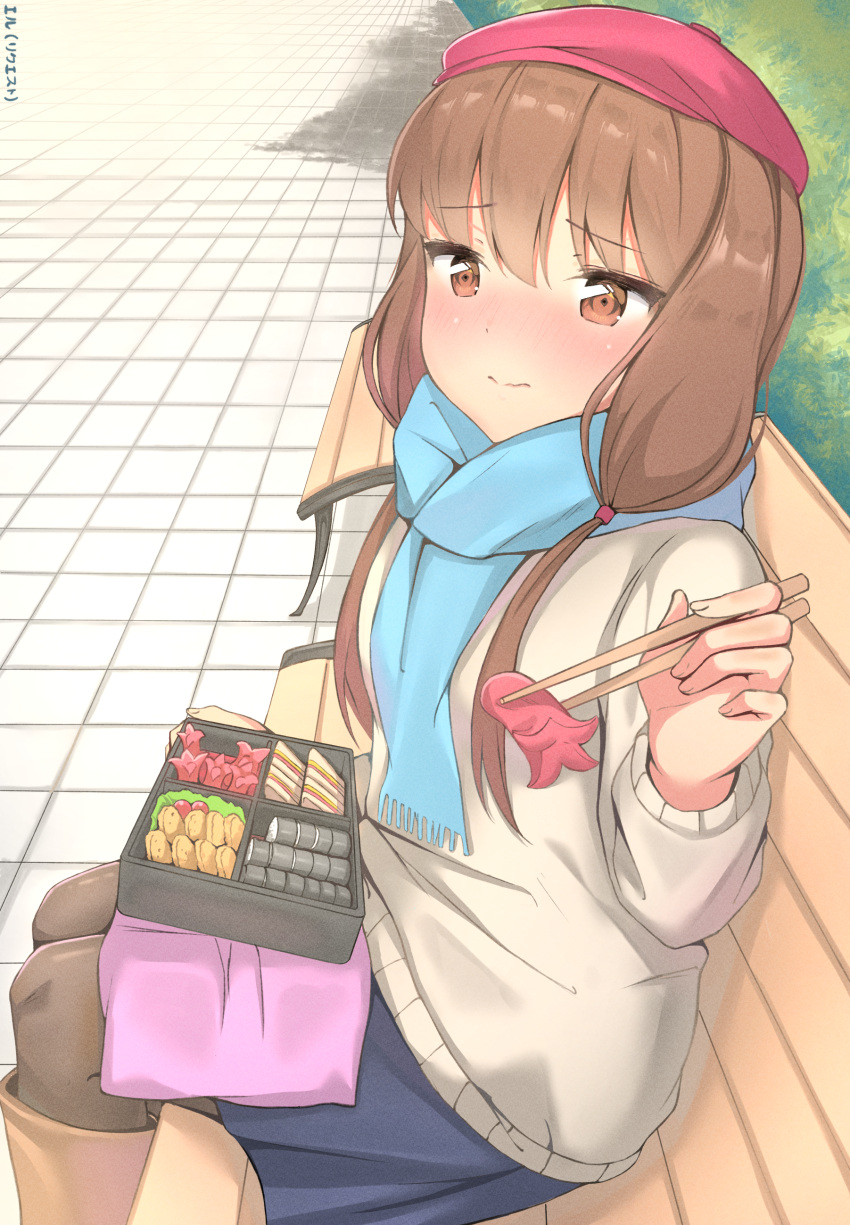 1girl absurdres bangs bench blue_scarf blush brown_eyes brown_hair chopsticks closed_mouth eru_(aeeu2243) eyebrows_visible_through_hair food from_side highres holding holding_chopsticks iino_miko kaguya-sama_wa_kokurasetai_~tensai-tachi_no_renai_zunousen~ long_hair long_sleeves looking_at_viewer low_twintails obentou outdoors pink_headwear scarf sitting skirt sleeves_past_wrists solo twintails wavy_mouth