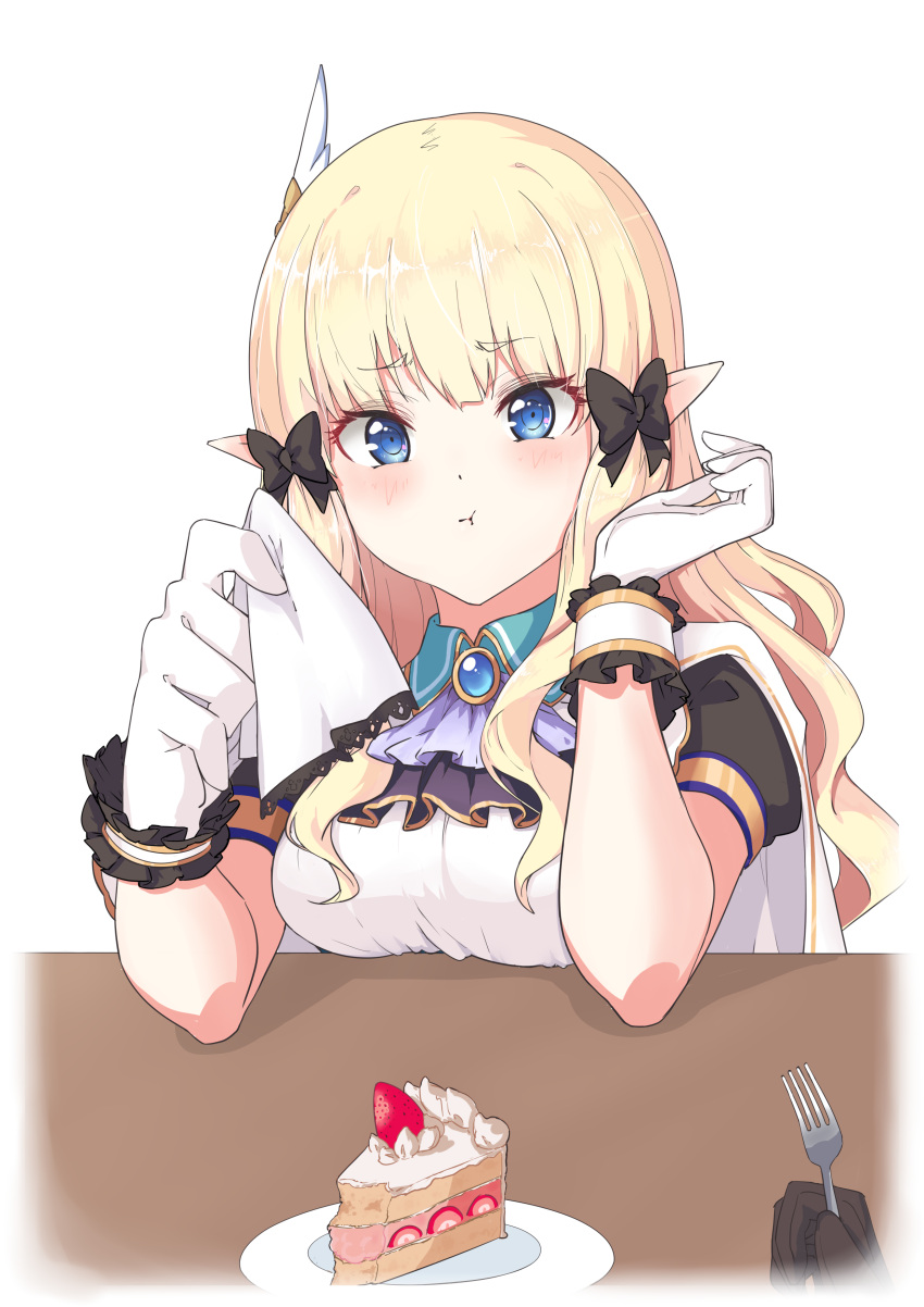 1girl absurdres bangs black_bow blonde_hair blue_eyes blush bow breasts elf eyebrows_visible_through_hair hair_bow hair_ornament highres large_breasts long_hair looking_at_viewer pointy_ears princess_connect! princess_connect!_re:dive saren_(princess_connect!) solo xiangcao_xing_chen_bing