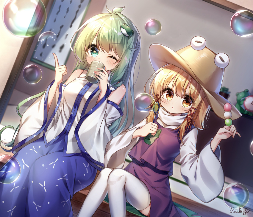 2girls absurdres artist_name blonde_hair blue_skirt blush breasts brown_headwear bubble_blowing clock commentary cup dango detached_sleeves dutch_angle feet_out_of_frame food frog_hair_ornament green_eyes green_hair hair_ornament hair_ribbon hair_tubes hat highres holding holding_cup holding_food index_finger_raised kochiya_sanae long_hair long_sleeves medium_breasts moriya_suwako multiple_girls one_eye_closed pudding_(skymint_028) purple_skirt purple_vest red_ribbon ribbon sanshoku_dango shirt sitting skirt soap_bubbles star-shaped_pupils star_(symbol) symbol-shaped_pupils thigh-highs touhou tress_ribbon turtleneck vest wagashi white_legwear white_shirt wide_sleeves yellow_eyes yunomi