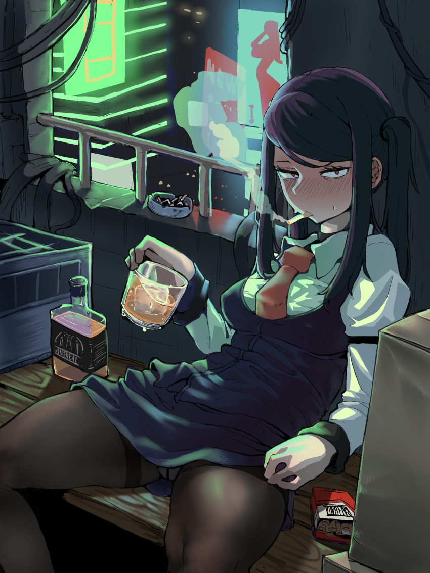 1girl absurdres alcohol ashtray asymmetrical_hair bags_under_eyes black_legwear blue_skirt blue_vest blush breasts cigarette cigarette_pack city city_lights collared_shirt commentary cowboy_shot crotch_seam cup eyelashes glass half-closed_eyes highres holding holding_cup janghyundo7 jill_stingray lifted_by_self long_hair long_sleeves looking_at_viewer medium_breasts miniskirt necktie neon_lights panties pantyhose pantyshot purple_hair red_eyes red_neckwear shirt side_ponytail sidelocks skirt skirt_lift slouching smoke smoking solo spread_legs straight_hair sweatdrop thighband_pantyhose underwear va-11_hall-a vest white_shirt wing_collar