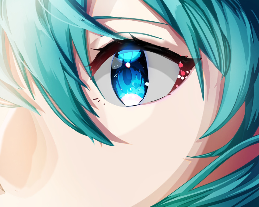 1girl aqua_hair blue_eyes close-up commentary eyelashes eyes face facing_viewer glitter glowing glowing_eye hair_between_eyes hatsune_miku highres light long_hair looking_afar shaded_face sidelighting solo symbol_in_eye t_maguo tareme upper_body vocaloid