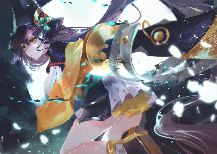 1girl bangs black_footwear black_hair black_headwear black_skirt breasts from_side hair_between_eyes hat highres holding holding_sword holding_weapon long_hair long_sleeves looking_at_viewer looking_to_the_side onmyoji parted_lips peaked_cap skirt solo sword vardan very_long_hair weapon yellow_eyes youtouhime