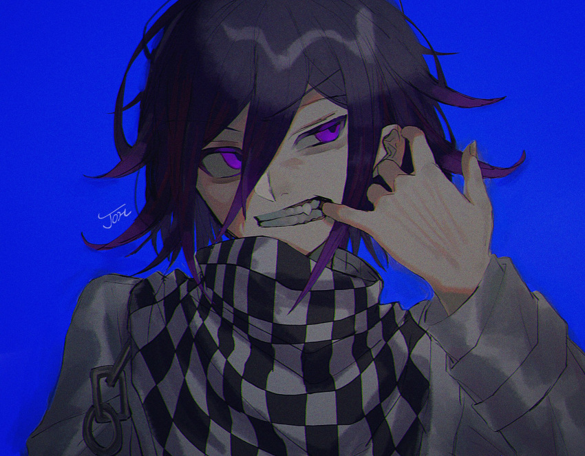 1boy bangs blue_background checkered checkered_neckwear checkered_scarf dangan_ronpa_(series) dangan_ronpa_v3:_killing_harmony eyebrows_visible_through_hair fang hair_between_eyes highres joh_pierrot long_sleeves male_focus mouth_pull ouma_kokichi purple_hair scarf signature simple_background solo straitjacket upper_body violet_eyes